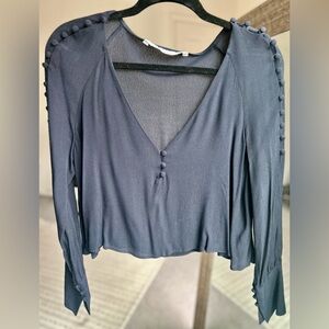 Zara Deep Navy Blue V-Neck Blouse with Button Accents